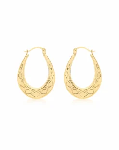 9ct Gold Patterned Oval Creole Earrings