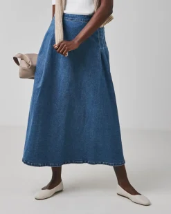 Denim Blue Full Pleat Denim Skirt