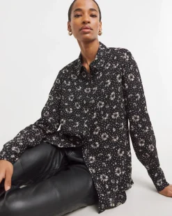 Dipped Back Long Sleeve Shirt - Mono Floral