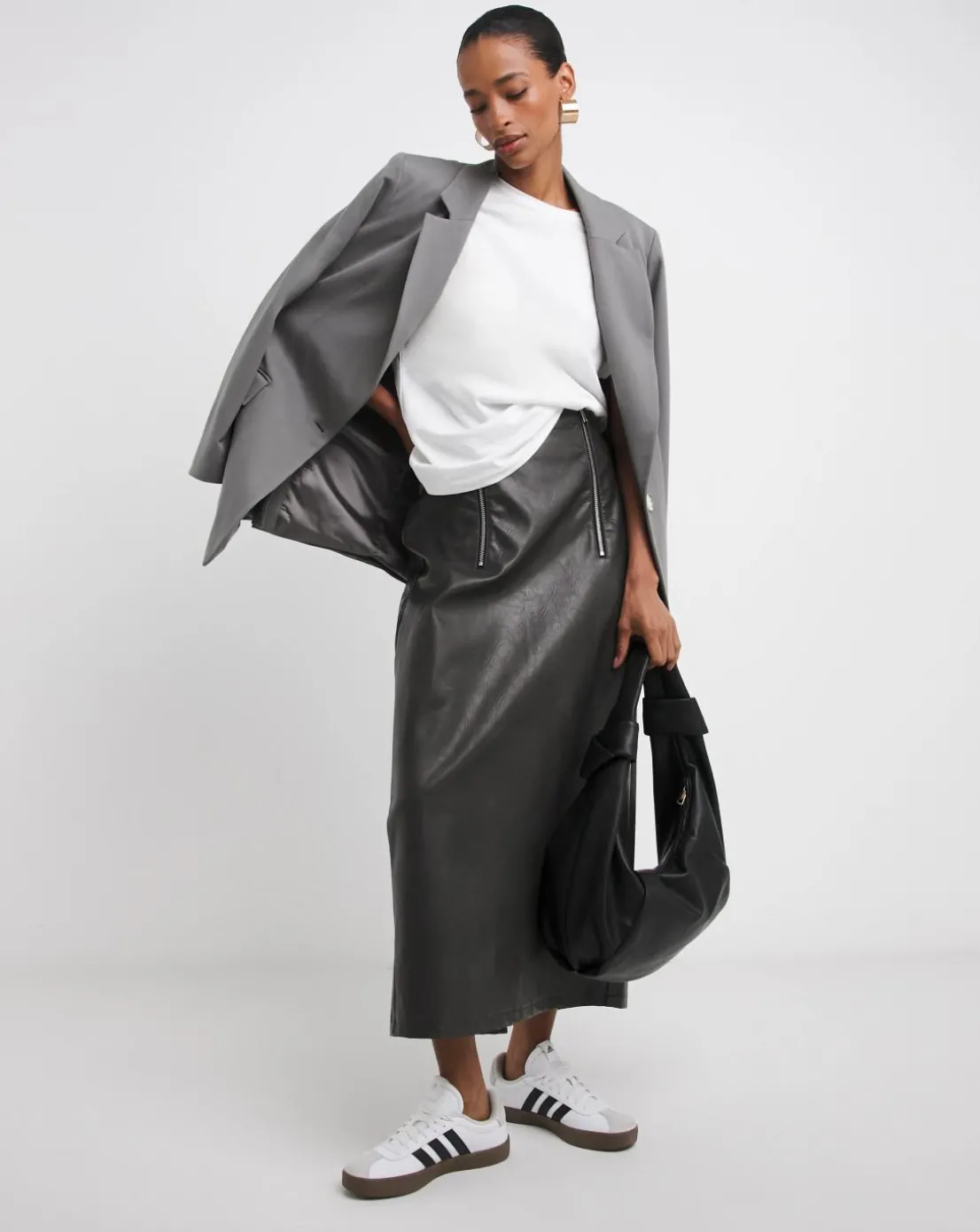 Distressed Leather Look Column Midi Skirt