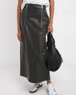 Distressed Leather Look Column Midi Skirt
