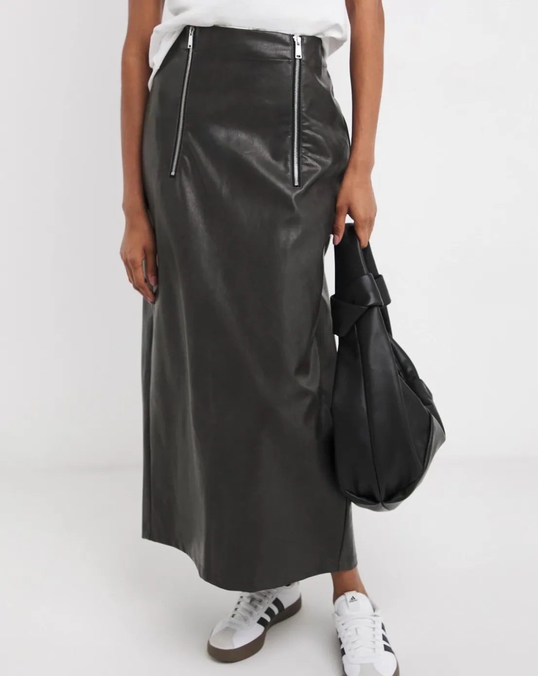 Distressed Leather Look Column Midi Skirt