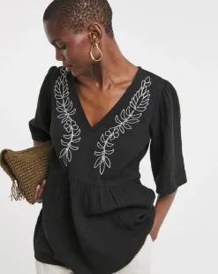 Embroidered Pure Cotton Textured Short Sleeve Smock Top