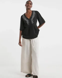 Embroidered Pure Cotton Textured Short Sleeve Smock Top