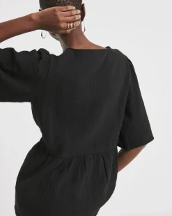 Embroidered Pure Cotton Textured Short Sleeve Smock Top