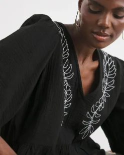 Embroidered Pure Cotton Textured Short Sleeve Smock Top