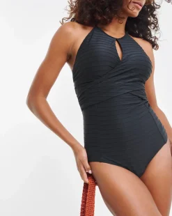 Figleaves Tailor Wide Rib Halterneck Tummy Control Swimsuit