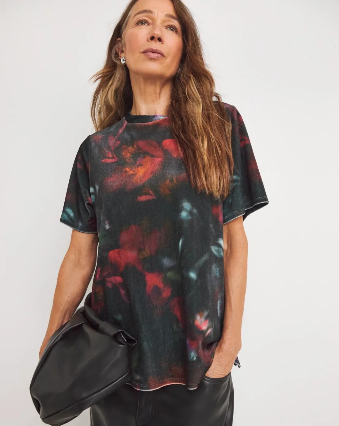 Floral Crew Neck Short Sleeve Velvet Top
