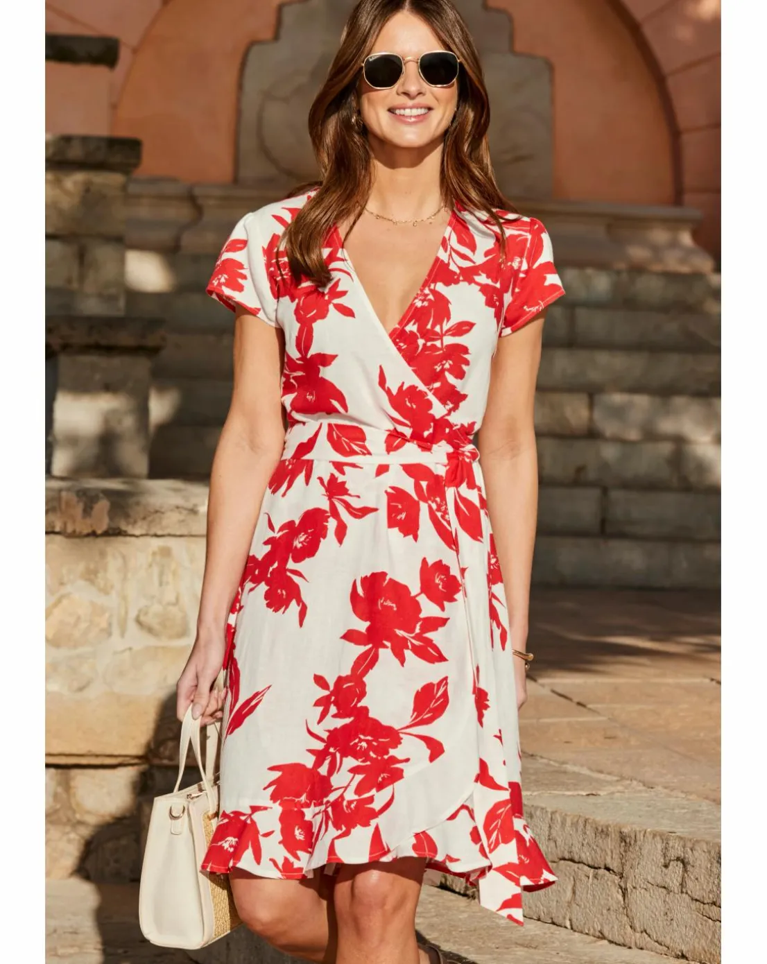 Floral Printed Linen Belted Angel Sleeve Wrap Fit and Flare