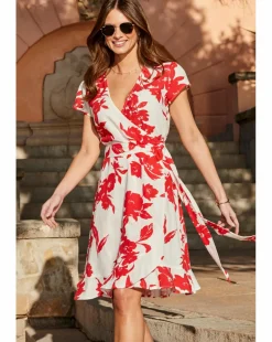 Floral Printed Linen Belted Angel Sleeve Wrap Fit and Flare