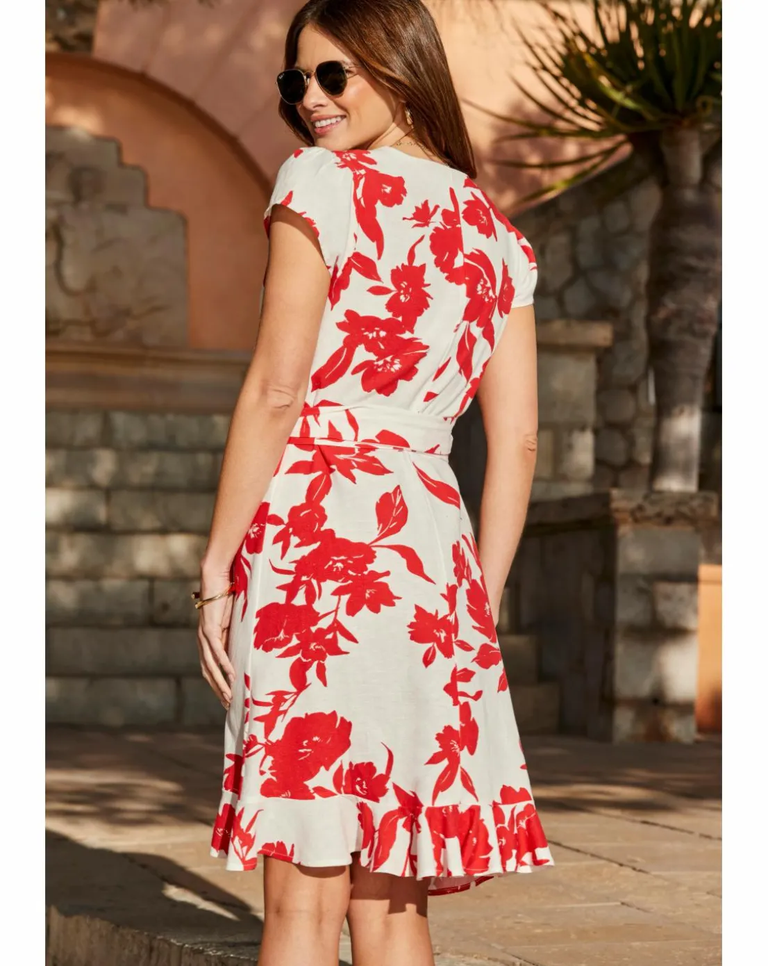 Floral Printed Linen Belted Angel Sleeve Wrap Fit and Flare