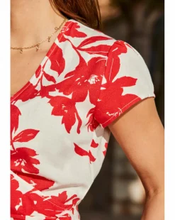 Floral Printed Linen Belted Angel Sleeve Wrap Fit and Flare