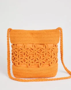 Flower Detail Orange Crochet Tote Bag