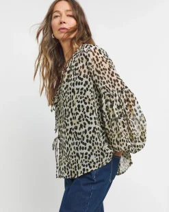 Georgette Blouson Sleeve Tie Detail Blouse - Leopard