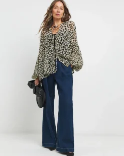 Georgette Blouson Sleeve Tie Detail Blouse - Leopard