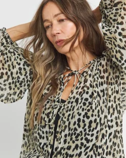 Georgette Blouson Sleeve Tie Detail Blouse - Leopard
