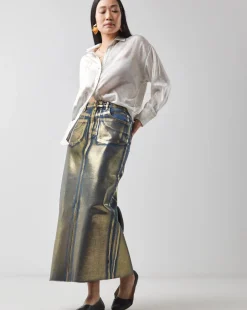 Gold Metallic Coated Column Denim Skirt