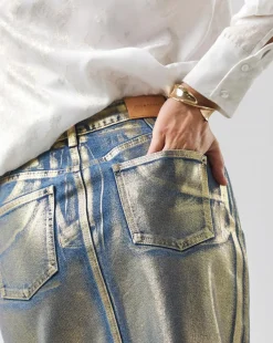Gold Metallic Coated Column Denim Skirt