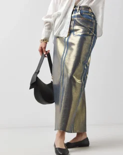 Gold Metallic Coated Column Denim Skirt