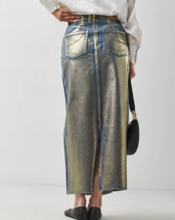 Gold Metallic Coated Column Denim Skirt