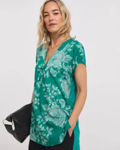 Green Floral Woven Front V-Neck Top