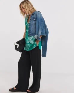 Green Floral Woven Front V-Neck Top