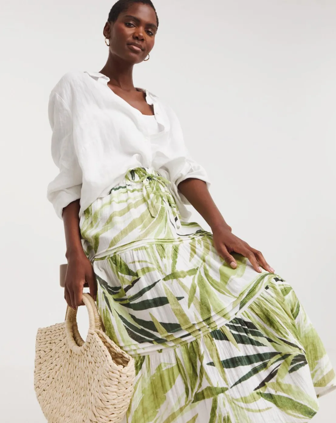 Green Palm Print Cheesecloth Midi Skirt
