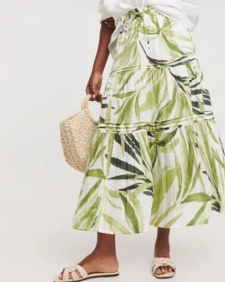 Green Palm Print Cheesecloth Midi Skirt