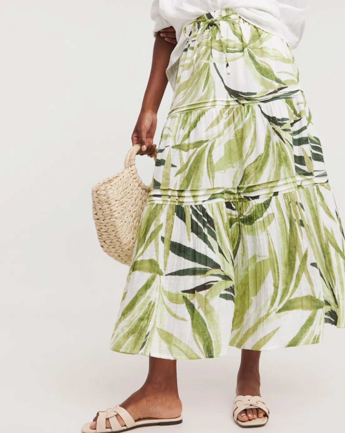 Green Palm Print Cheesecloth Midi Skirt