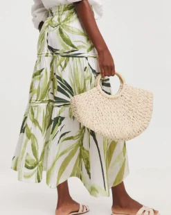Green Palm Print Cheesecloth Midi Skirt