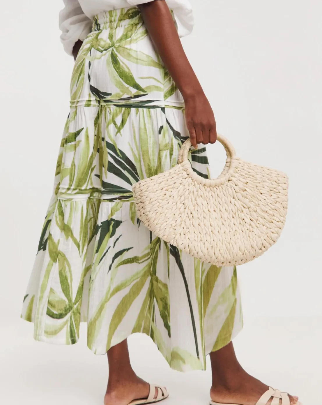 Green Palm Print Cheesecloth Midi Skirt