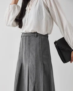 Grey Maxi Pleat Detail Denim Skirt