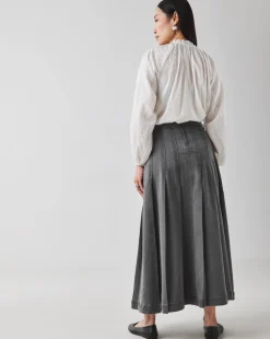 Grey Maxi Pleat Detail Denim Skirt