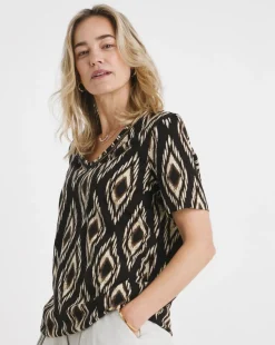 Ikat Print V Neck Short Sleeve Bubble Hem Top