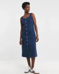 Indigo Denim Button Front Apron Dress