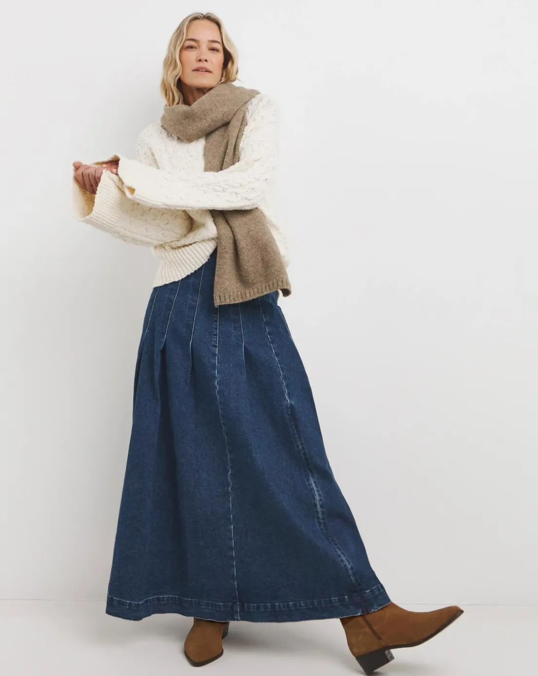 Indigo Maxi Pleat Detail Denim Skirt