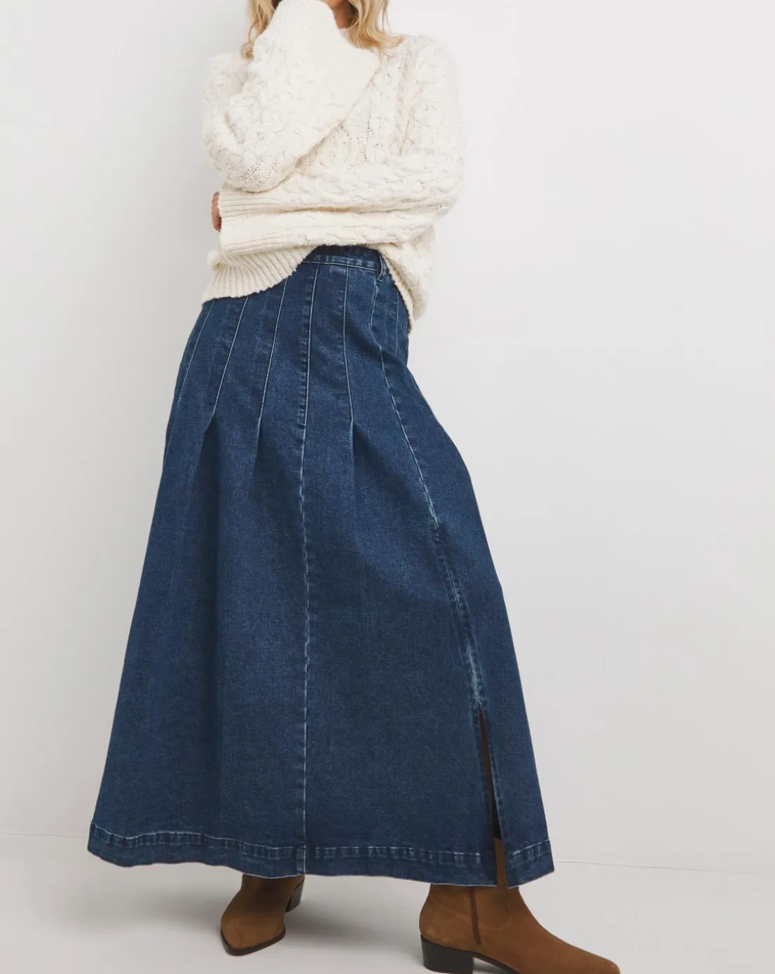 Indigo Maxi Pleat Detail Denim Skirt