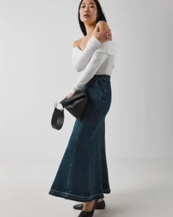 Indigo Raw Edge Fit and Flare Full Denim Skirt