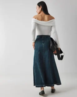 Indigo Raw Edge Fit and Flare Full Denim Skirt