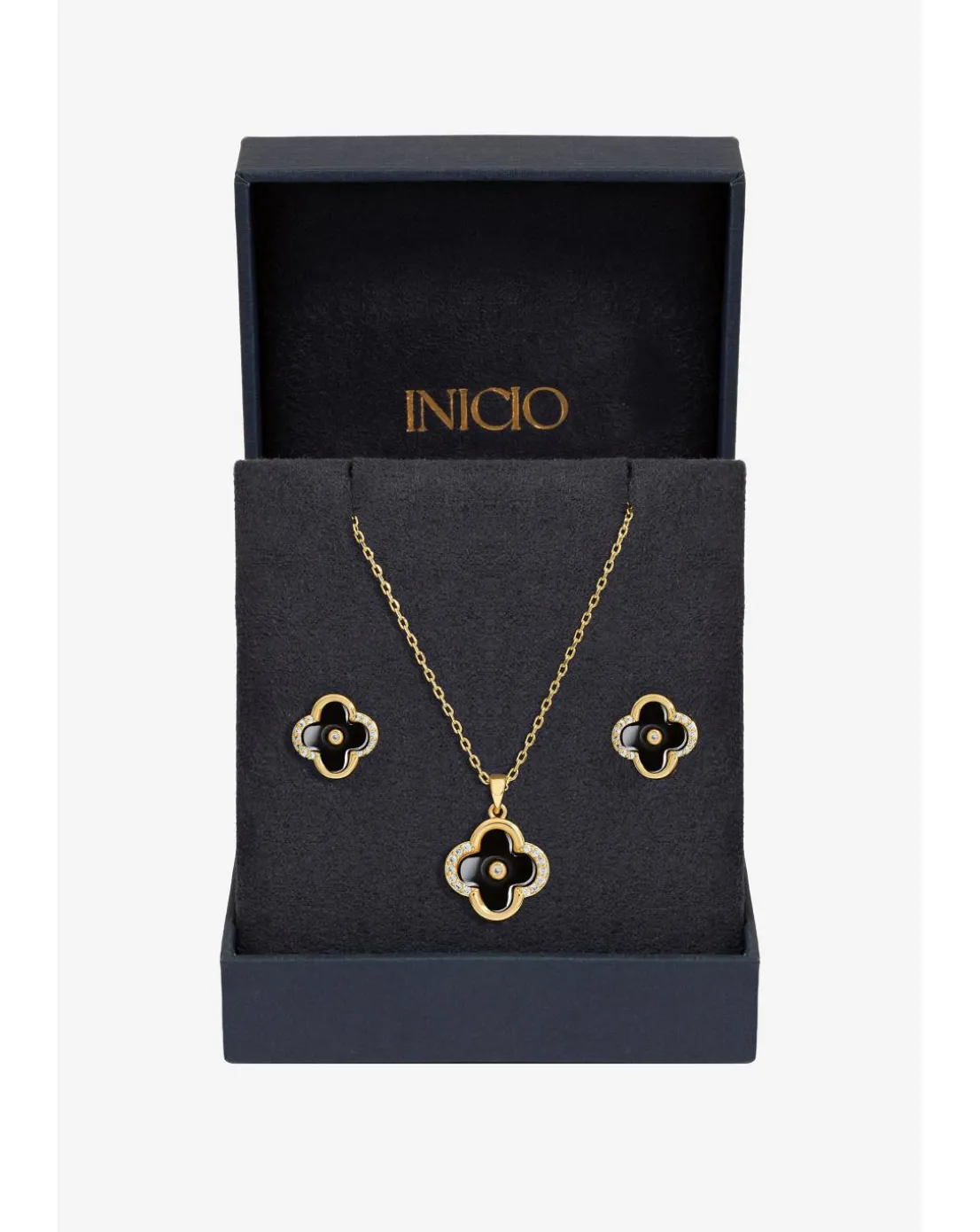 Inicio Gold Plated And Jet Enamel Clover Set - Gift Boxed