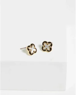 Inicio Gold Plated Jet Enamel And Mother Of Pearl Clover Earrings - Gift Pouch