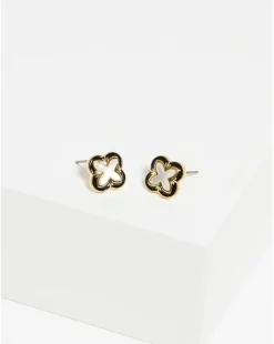Inicio Gold Plated Jet Enamel And Mother Of Pearl Clover Earrings - Gift Pouch