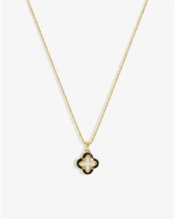 Inicio Gold Plated Jet Enamel And Mother Of Pearl Clover Pendant - Gift Pouch