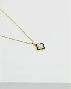 Inicio Gold Plated Jet Enamel And Mother Of Pearl Clover Pendant - Gift Pouch