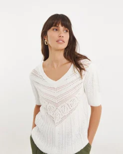 Ivory Crochet V Neck Short Sleeve Jumper