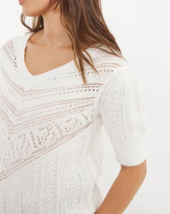 Ivory Crochet V Neck Short Sleeve Jumper