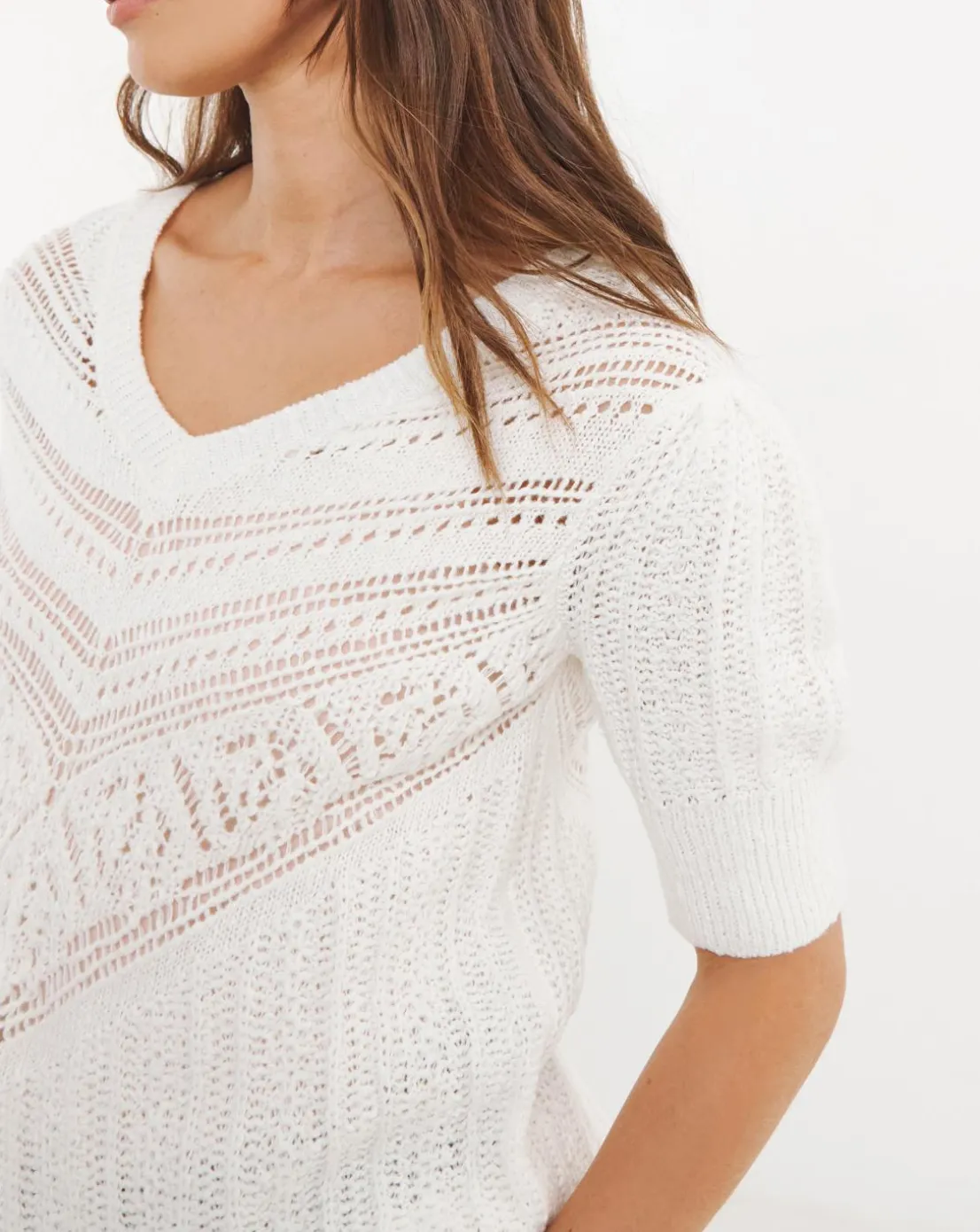 Ivory Crochet V Neck Short Sleeve Jumper