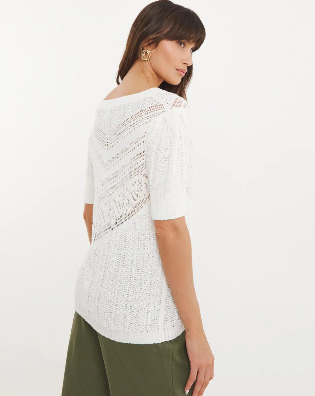 Ivory Crochet V Neck Short Sleeve Jumper