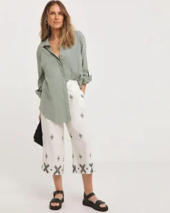 Ivory Embroidered Cotton Mix Culottes