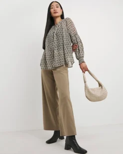 Ivory Print Collarless Georgette Blouse